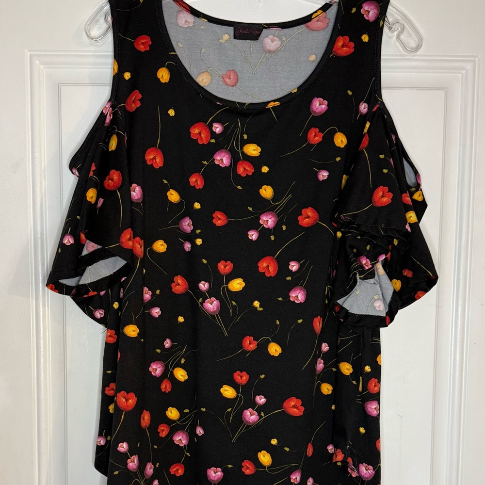 Shiela Rose Cold Shoulder Top - Black with Red, Pink, Yellow Flowers 3XL